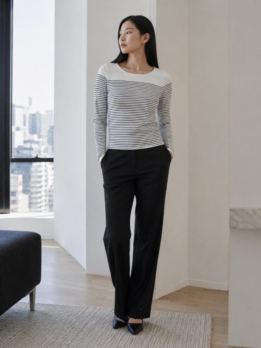 WOLFORD Pure Long Sleeve Classic Top White / Black Striped Women's Small $185